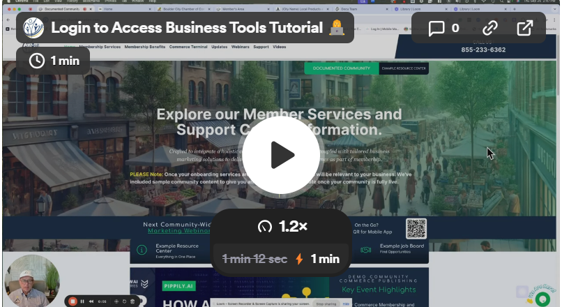 Tutorial on a website. Screen recording with a video overlay, showcasing login instructions.