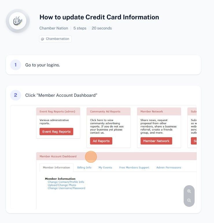 Instructions on updating credit card info, with numbered steps and screenshots of a website dashboard.