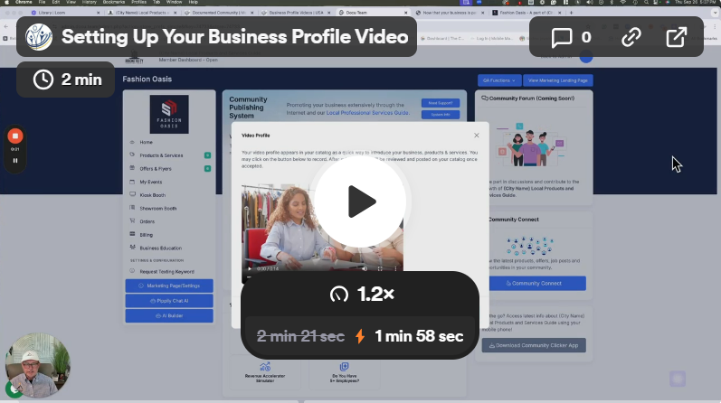 Screenshot of a video tutorial on setting up a business profile, showing a woman giving instructions.