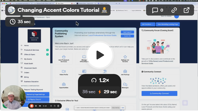 Tutorial: Changing Accent Colors. Person in video explains steps on a website with a blue and white theme.