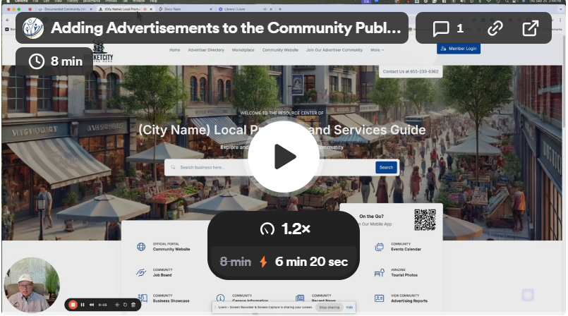 Video tutorial: Adding Advertisements to the Community Publications, showing a website.