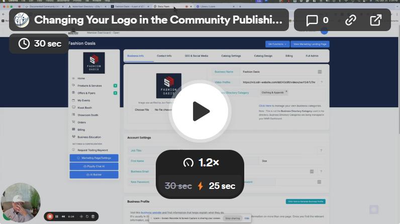 Video demonstrating how to change a logo in the community publishing platform. Shows a user interface with editing controls.