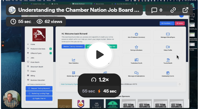 Video screen with a play button over a job board page; speaker in the corner.