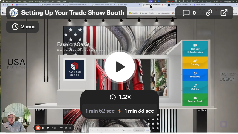 Video tutorial on setting up a trade show booth, USA flag in background.