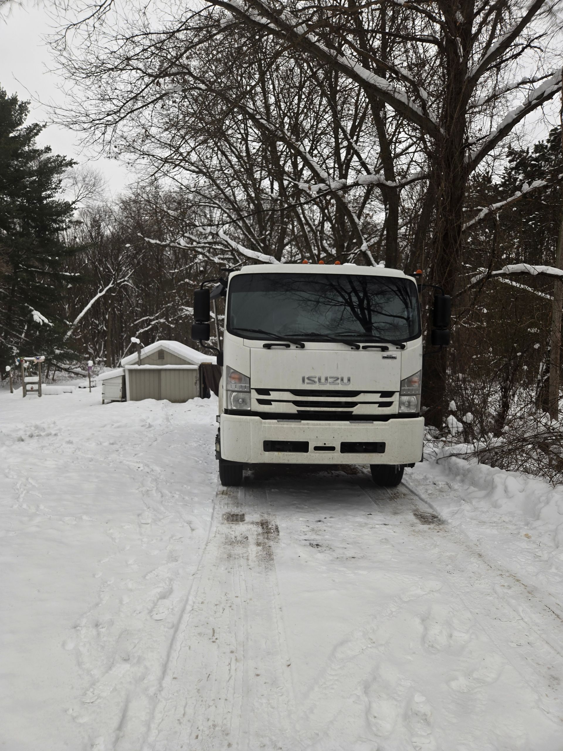 White truck in snowy driveway, trees in background.