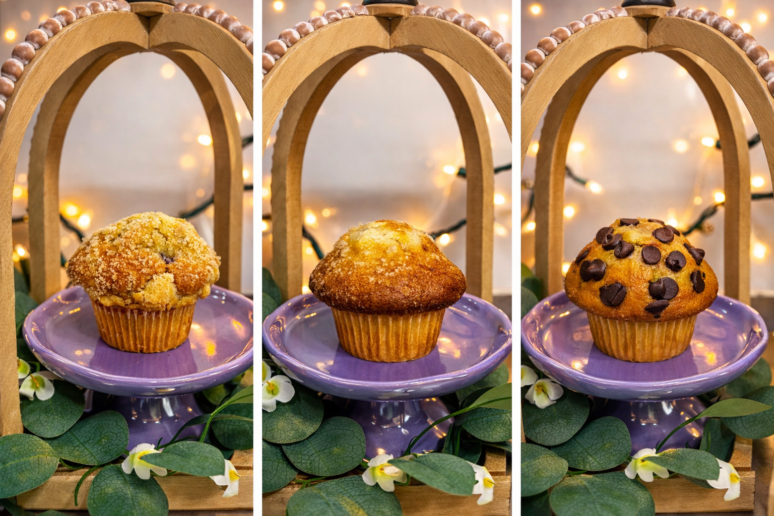 Three muffins on purple stands, with greenery, under a wooden arch; chocolate chip, blueberry, and plain.