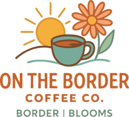 Logo: Coffee cup, sun, flower. Text: 