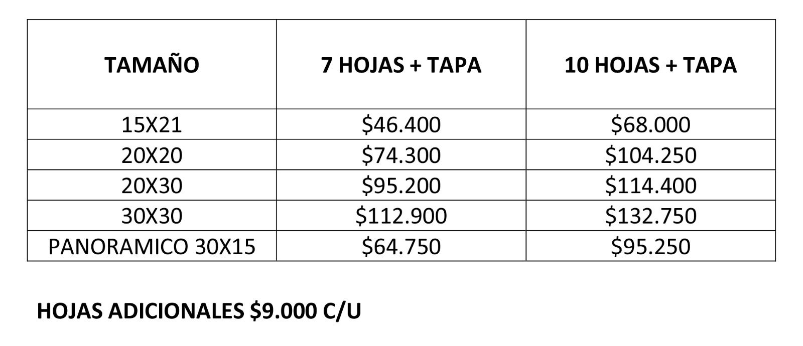 Una tabla con precios para diferentes tamaños de álbumes de fotos con 7 o 10 páginas y páginas adicionales cuesta $7,200 cada una.