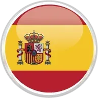 Bandera de España, botón circular. Franjas horizontales rojas, amarillas y rojas con el escudo en el centro.