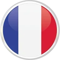Bandera francesa en una insignia circular brillante con rayas verticales azules, blancas y rojas.