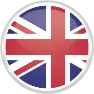 Bandera de Union Jack en un botón circular brillante, con borde plateado.