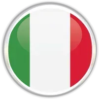 Bandera italiana en forma de botón redondo, rayas verticales de color verde, blanco y rojo.
