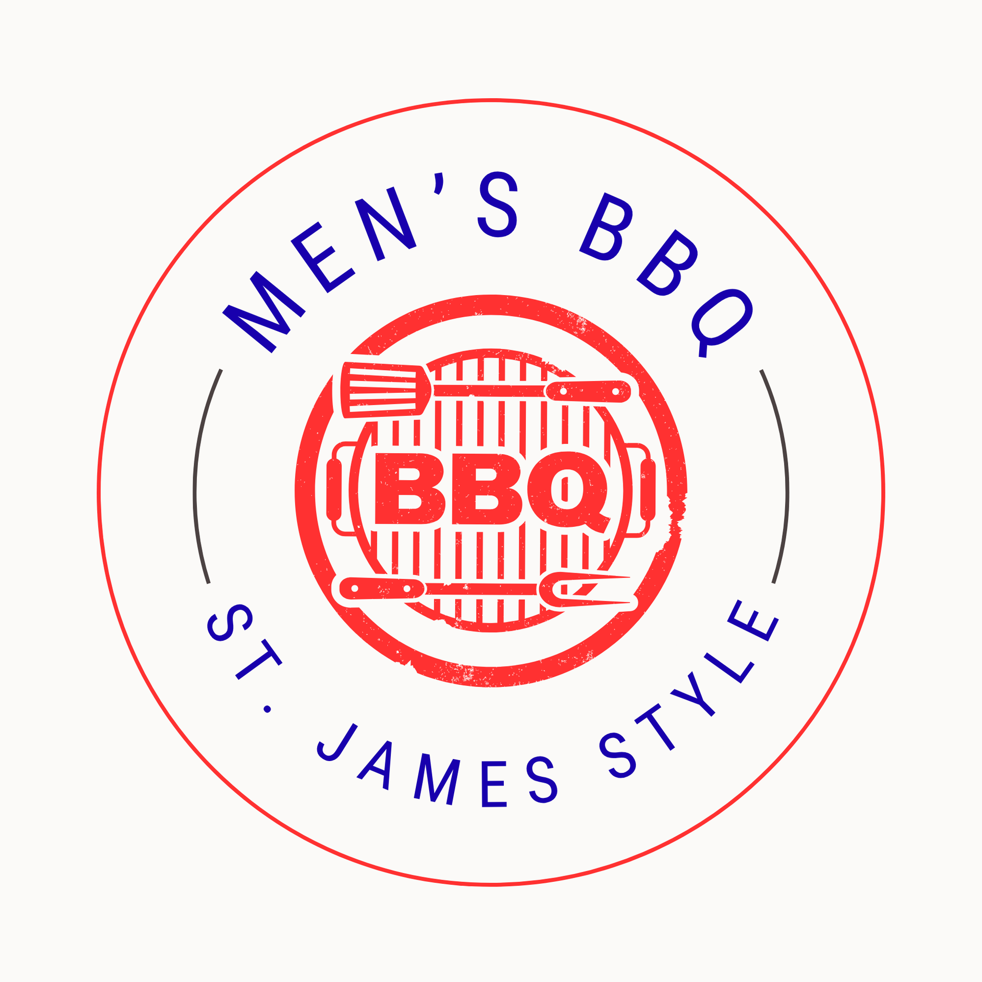 Men's BBQ blue and red logo with a grill at center