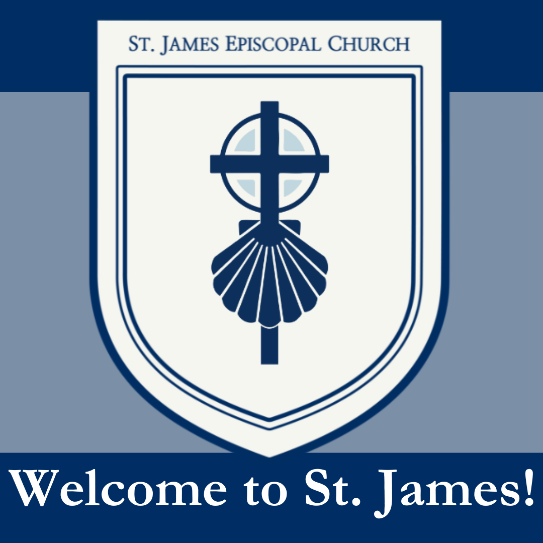 A welcome icon with the shield logo of St. James in the center