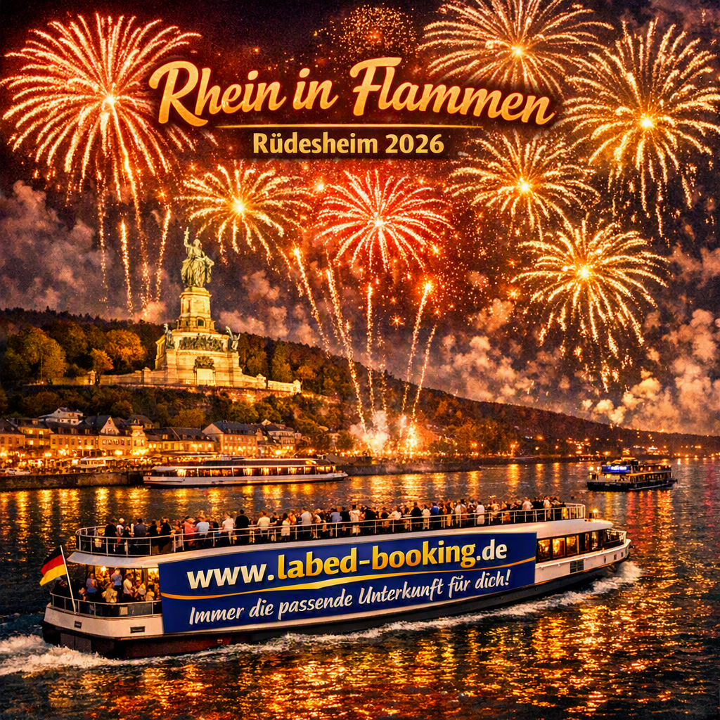 Feuerwerk über dem Rhein bei einer Bootsparade in Rüdesheim