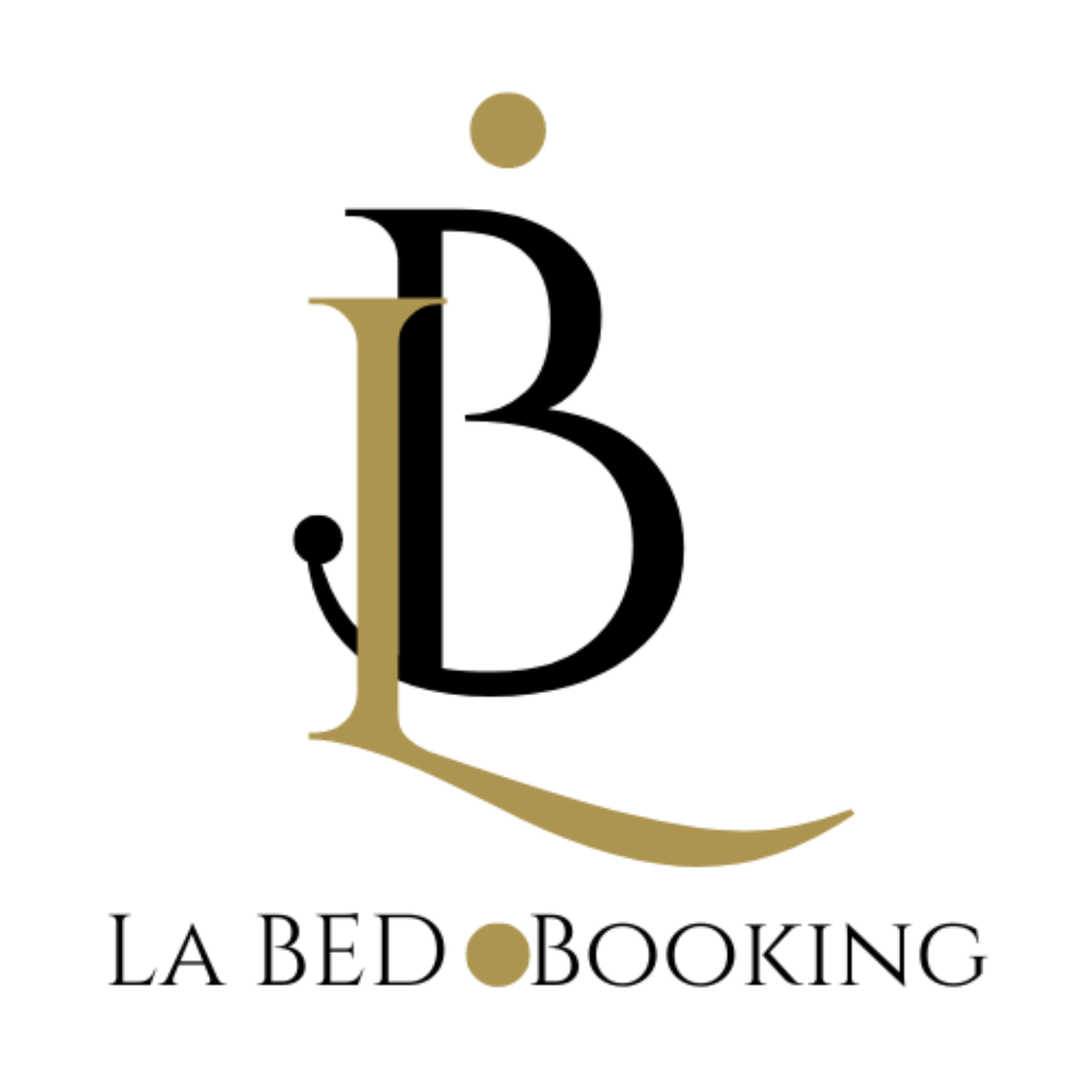 Das La Bed Booking-Logo mit stilisiertem goldenem und schwarzem „LB“-Monogramm und darunterliegendem Text