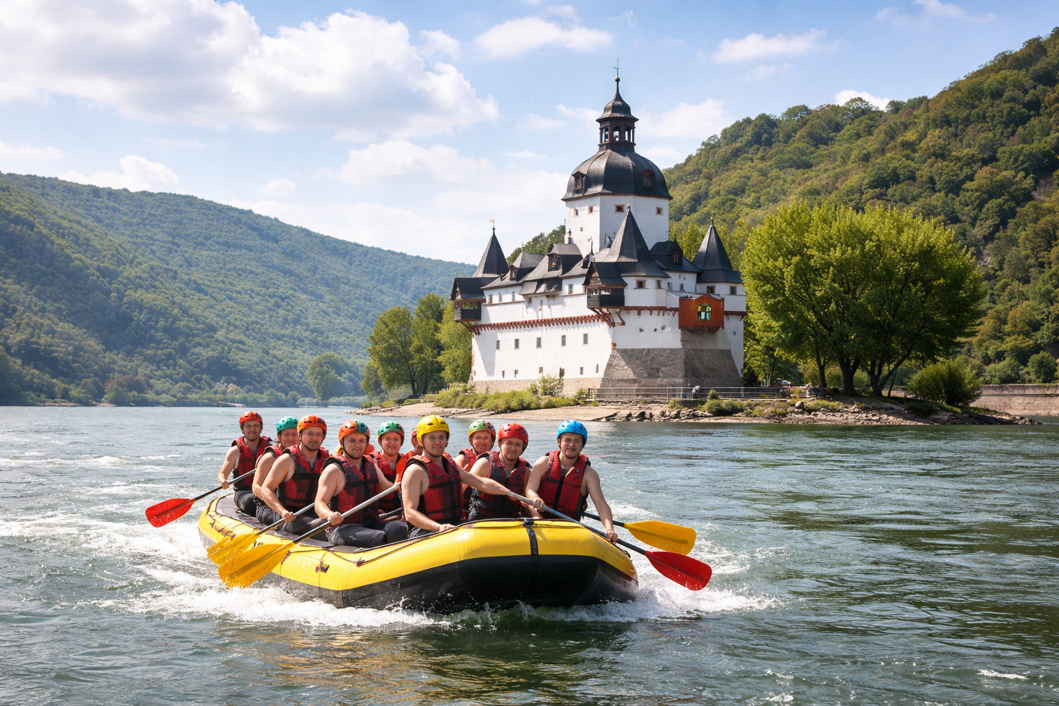 Rafting group in a yellow raft on a river with a white castle and forested hills behind them