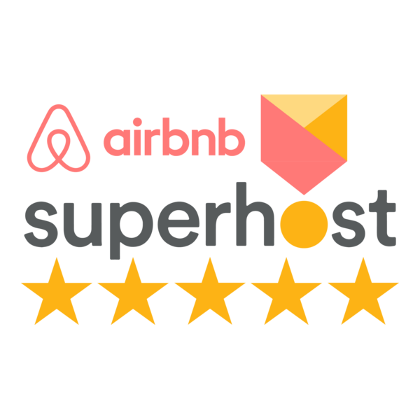 Airbnb Superhost badge with five yellow stars and red-orange logo on white background