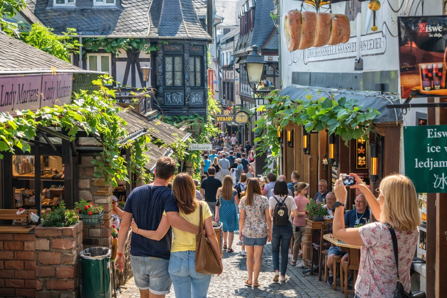 Busy cobblestone market street with shops, hanging vines, and people strolling in bright daylight.