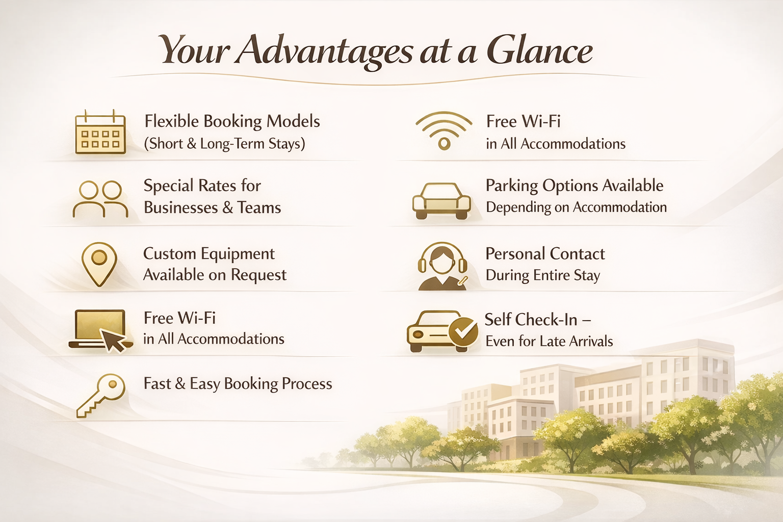 Your Advantages at a Glance brochure listing apartment amenities and features in gold and beige.