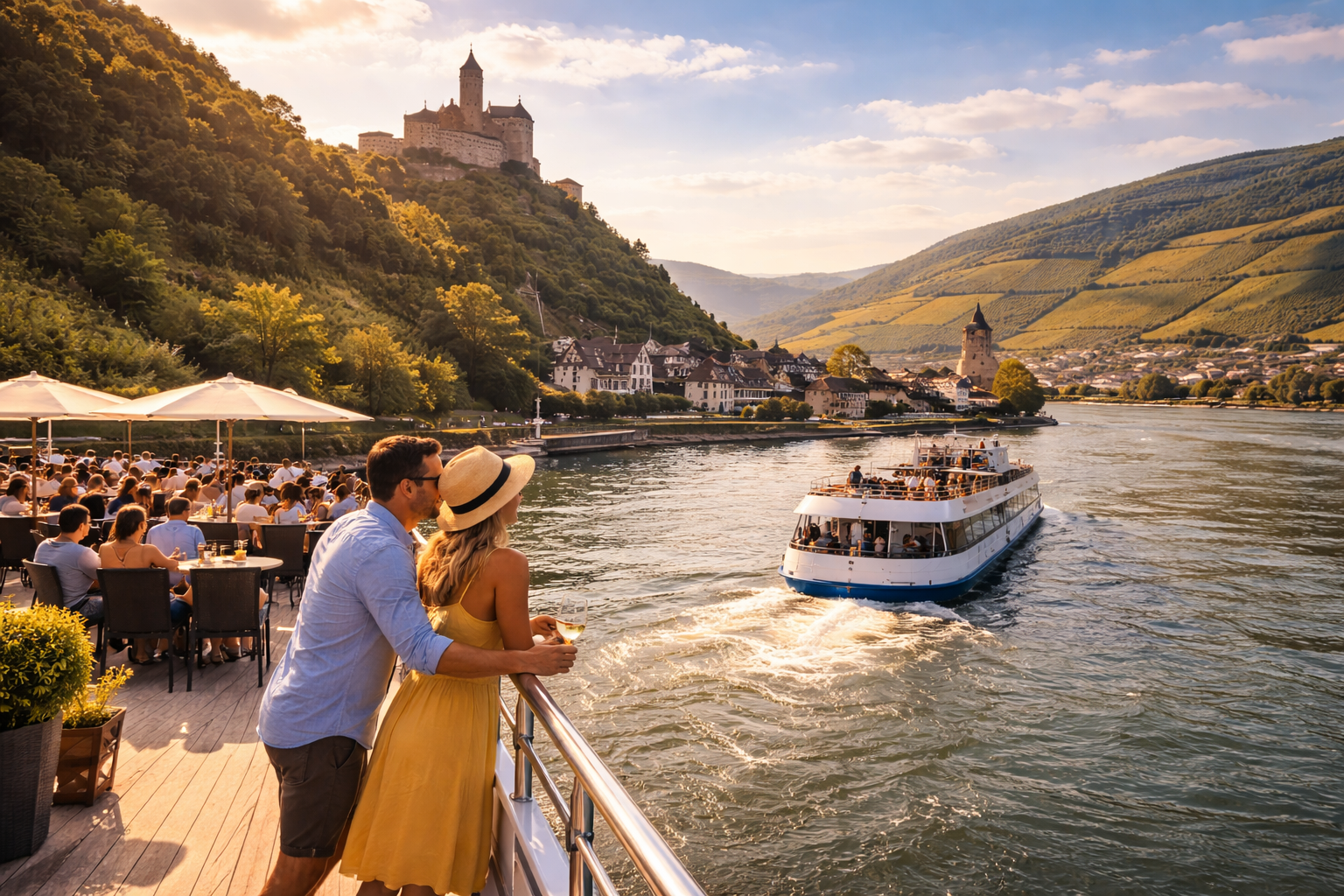 Couple overlooking a riverboat on a sunny riverside terrace with hillside castle and village beyond