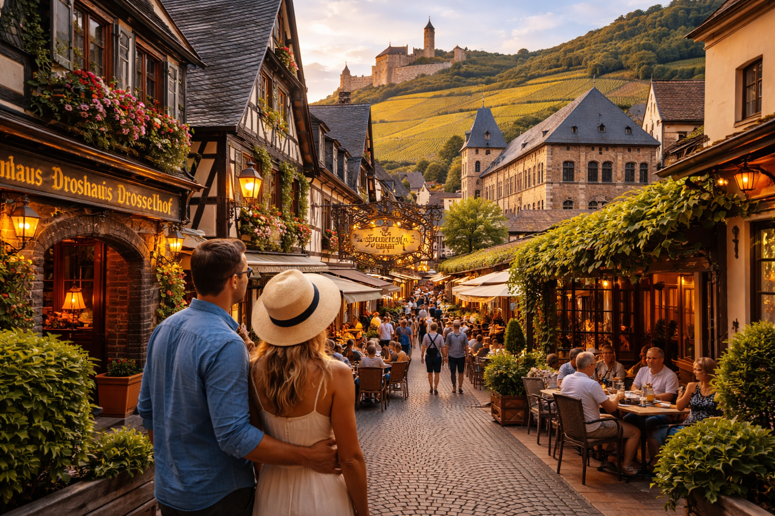Couple strolling a cobblestone village street at sunset, with lively cafés and a hilltop castle in the background