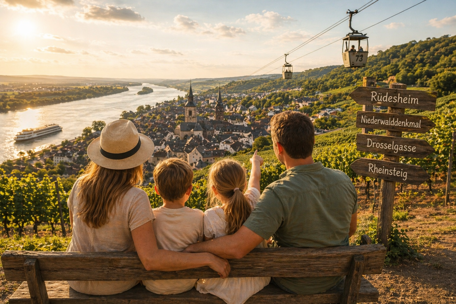 Family sitting on a bench overlooking a river valley at sunset, with a cable car and hillside view.