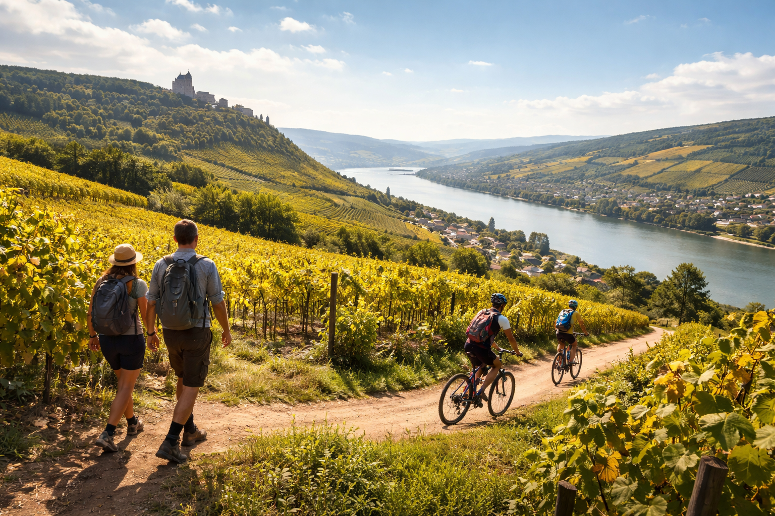 Hikers and cyclists on a vineyard trail overlooking a river valley in warm sunlight