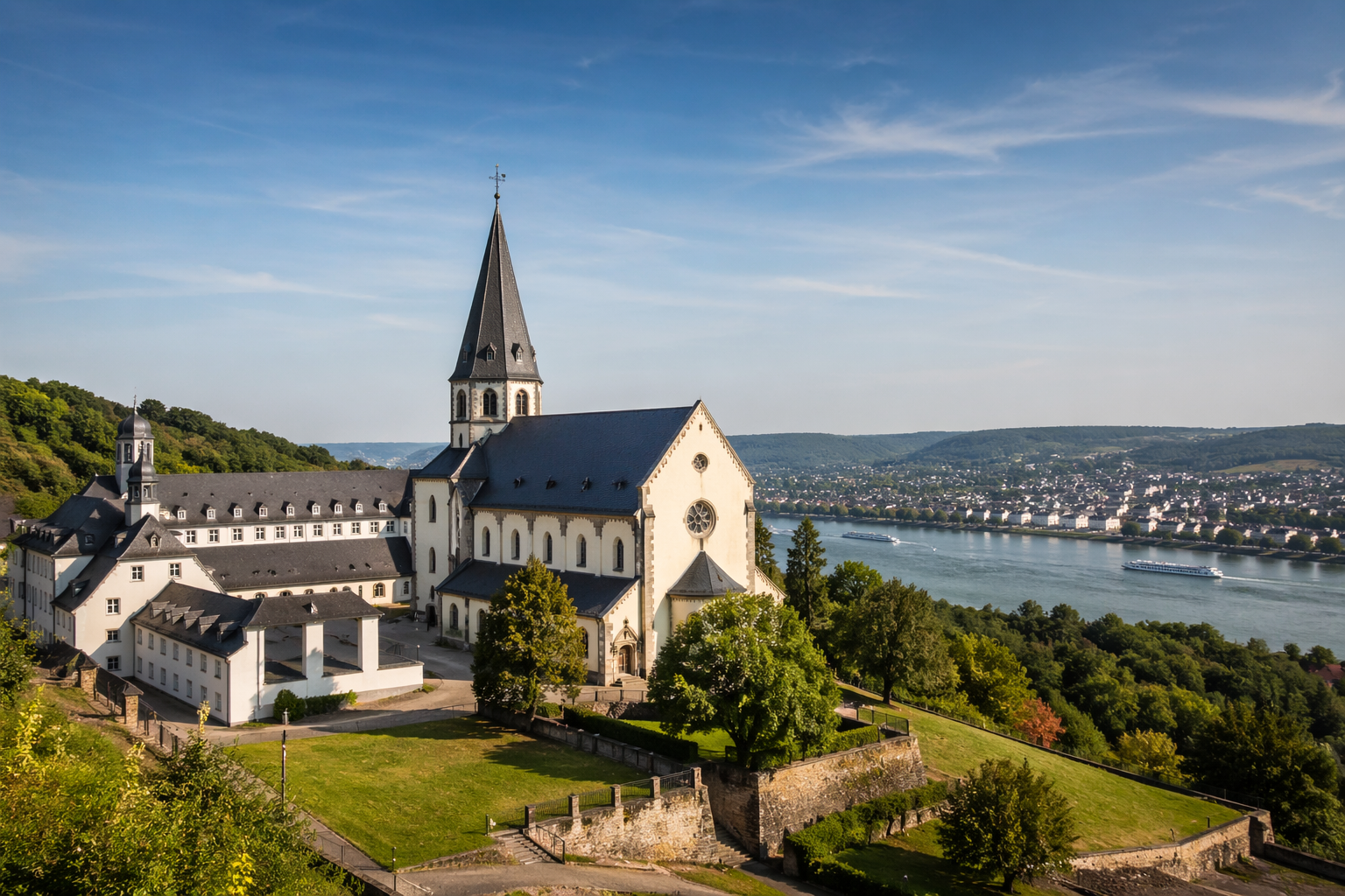 Historic riverside abbey with tall spire overlooking a town and river under a blue sky