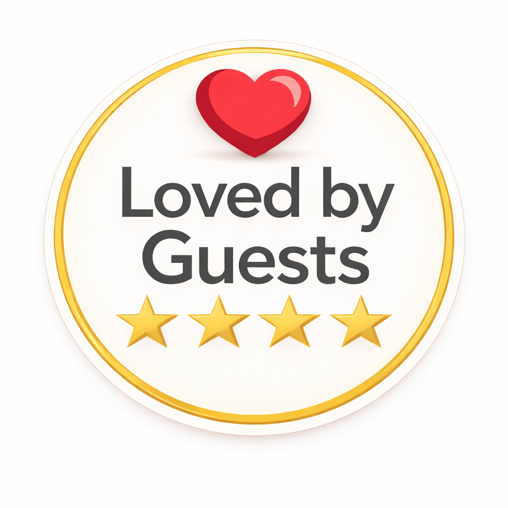 “Loved by Guests” badge with red heart and four gold stars on white background