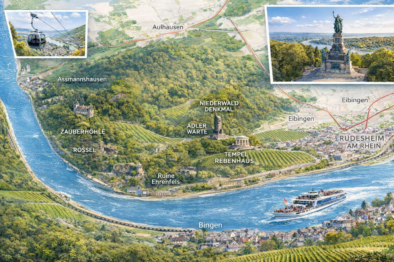 Illustrated map of the Rhine River bend with vineyards, villages, boats, and scenic inset views of the valley