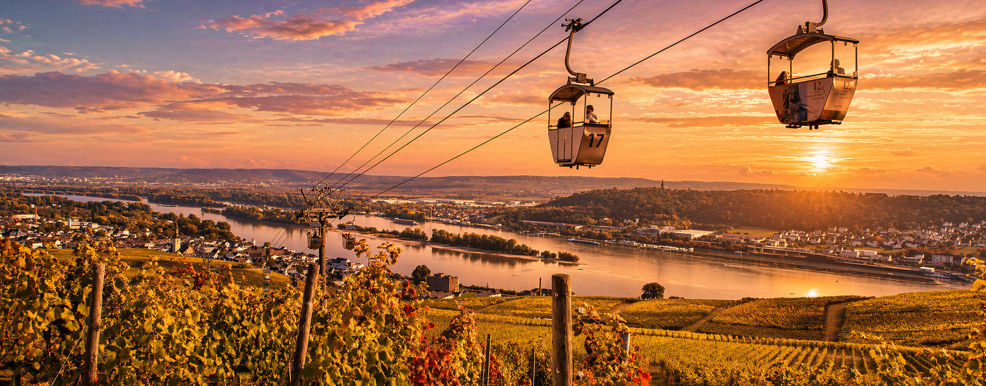 Cable cars over a city at sunset with warm orange sky and hills in the foreground