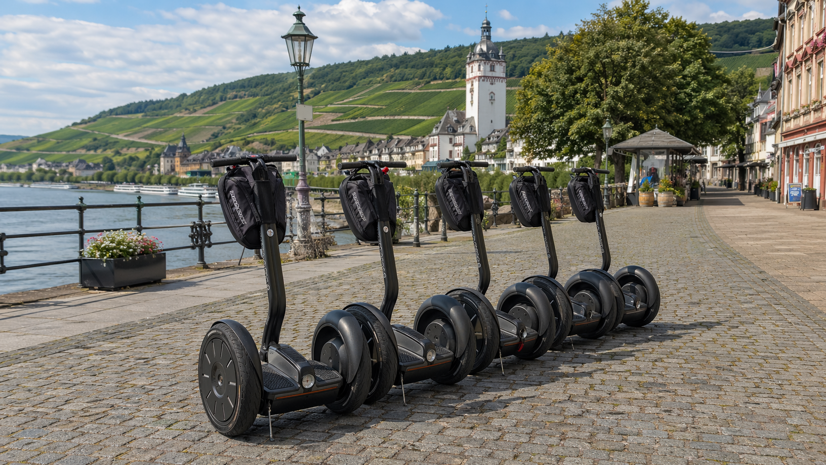 Row of black Segways parked on a cobblestone waterfront promenade with hills and a church in the backgroundVill