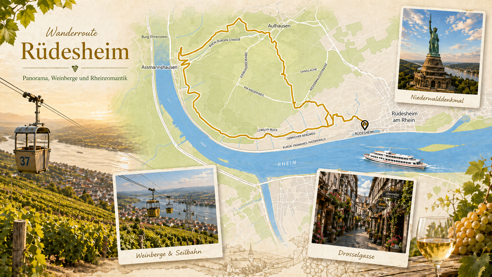 Illustrated map of the Rhine River bend with vineyards, villages, boats, and scenic inset views of the valley