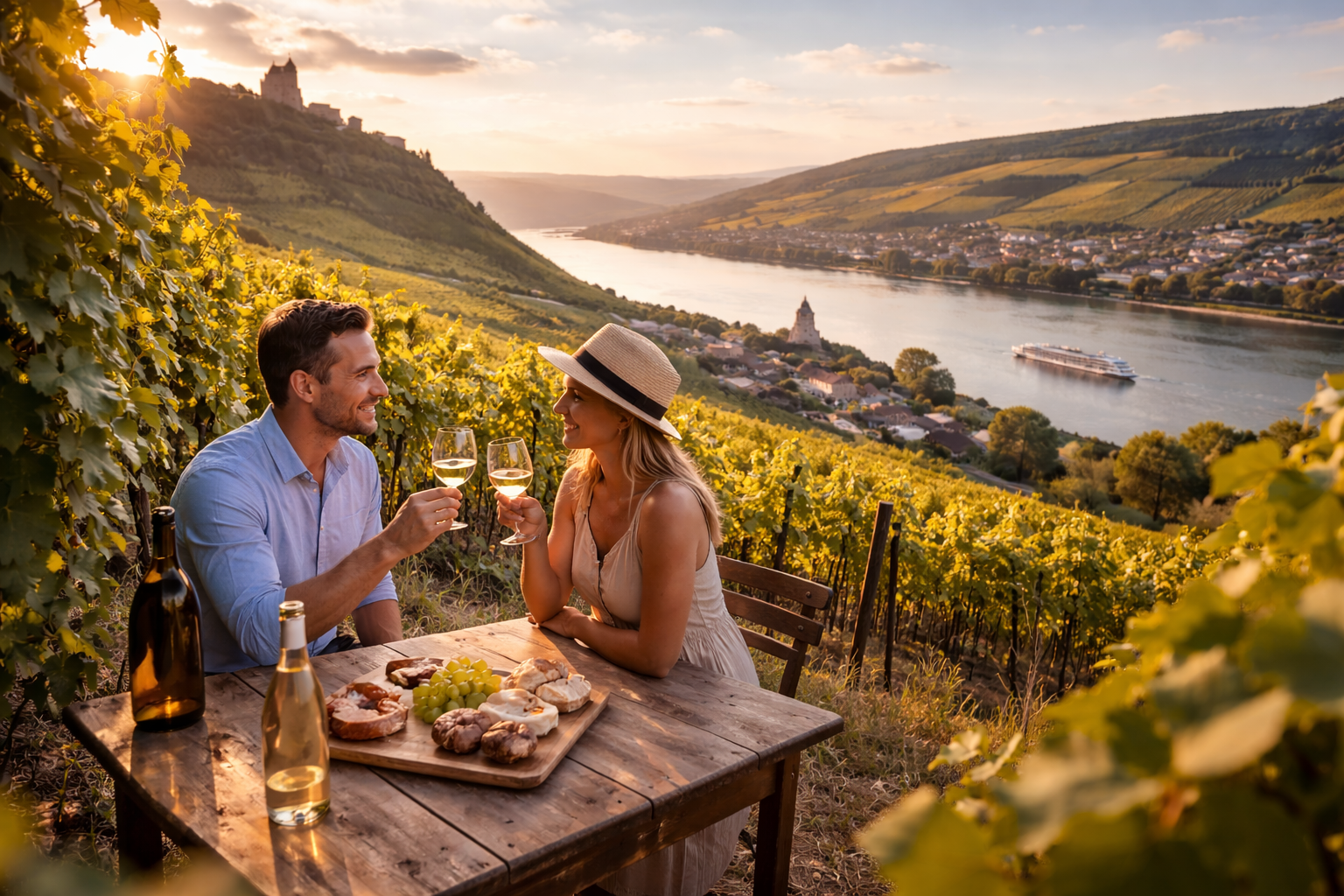 Couple dining at a vineyard terrace overlooking a river valley at sunset