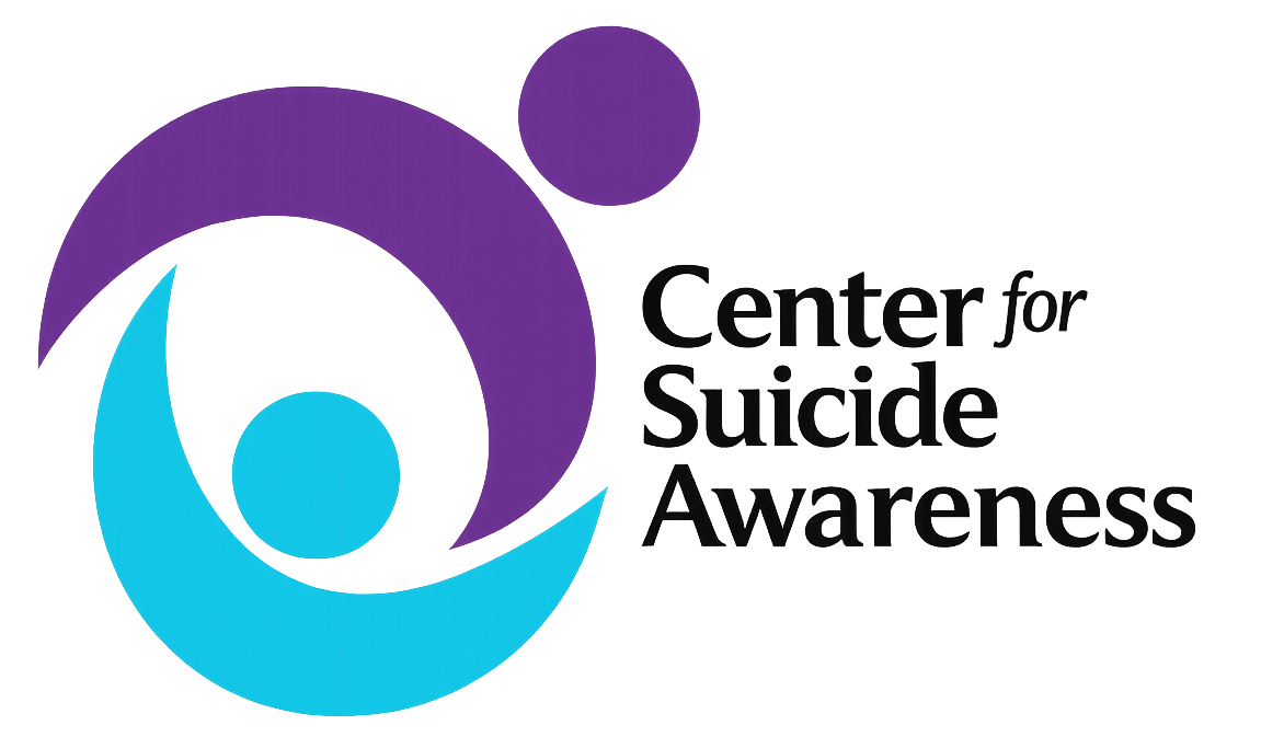 Center for Suicide Awareness logo with purple and cyan circular figures and black text