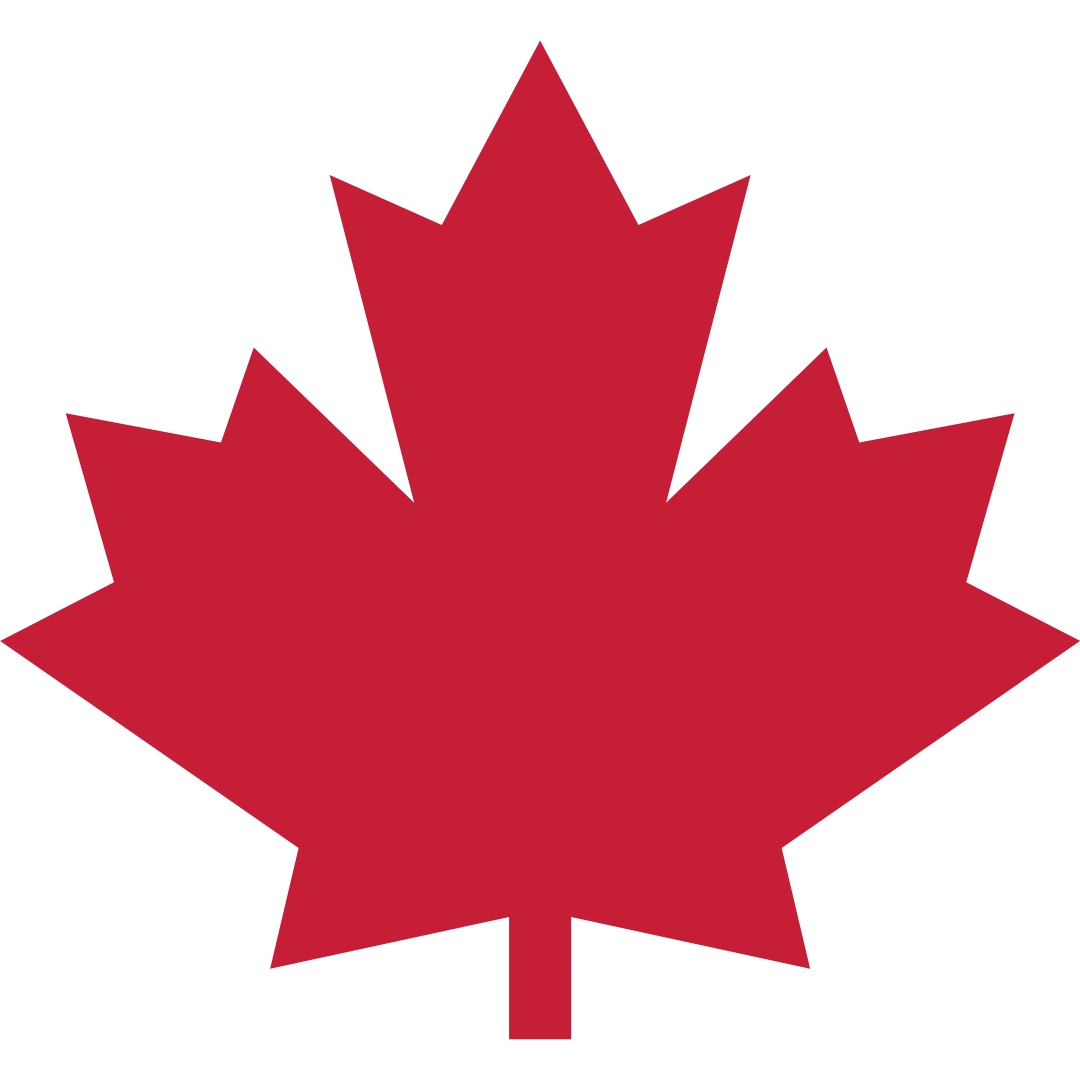 A simple, red 11-pointed maple leaf icon on a white background.