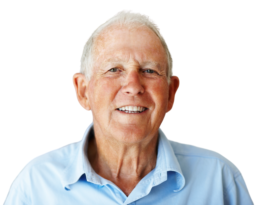 A smiling individual wearing a light blue collared shirt against a white background.