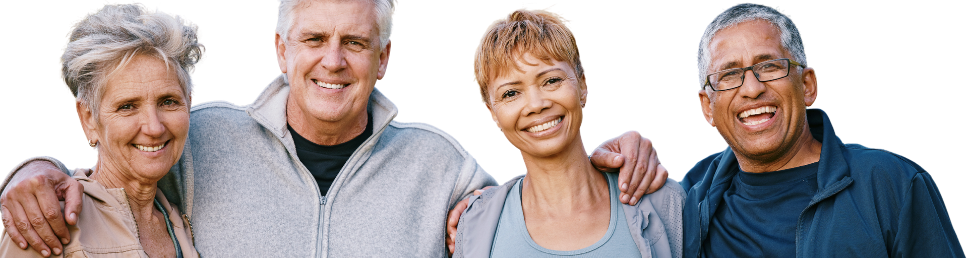 Four smiling people standing side-by-side with their arms around each other, isolated against a white background.