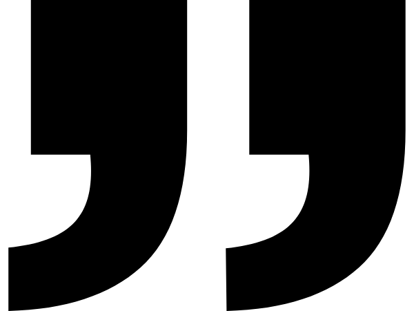 A large, black double quotation mark icon centered on a white background.