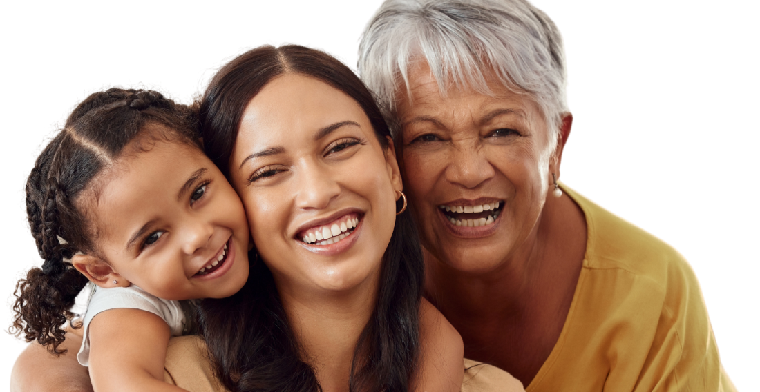 Three smiling people embrace, showing a close, happy family connection against a plain white background.