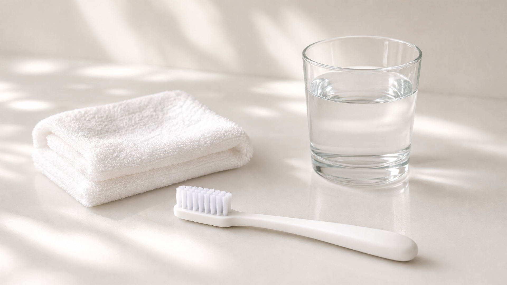 White towel, toothbrush, and glass of water on a bright bathroom counter.