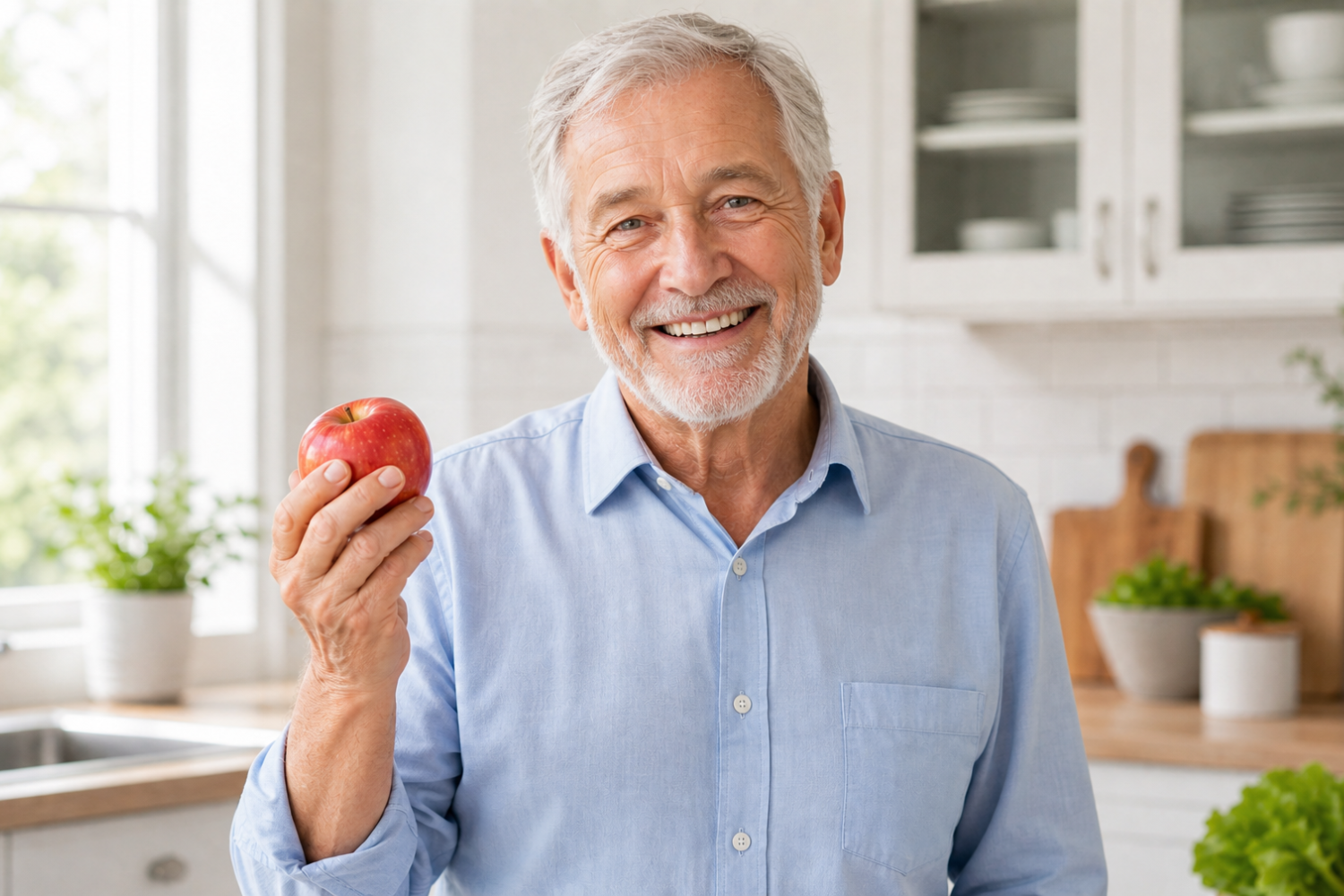 Smiling senior man holding a red apple, representing eating confidently with dentures