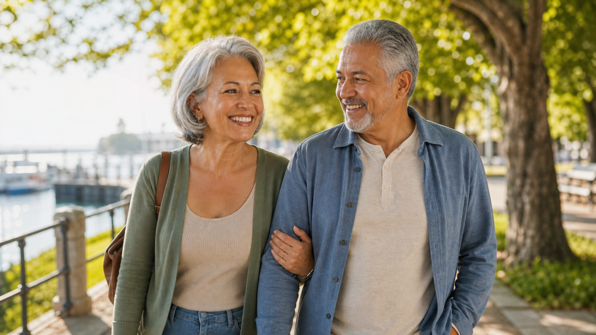Smiling older couple walking outdoors after complete denture care in Surrey, BC
