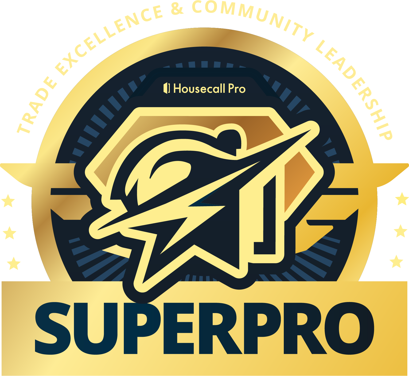 Housecall Pro SUPERPRO logo with gold and navy star emblem and lightning bolt icon