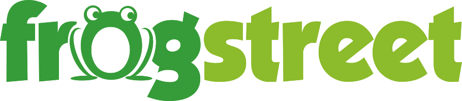 a green and white logo for Frogstreet with a frog on it