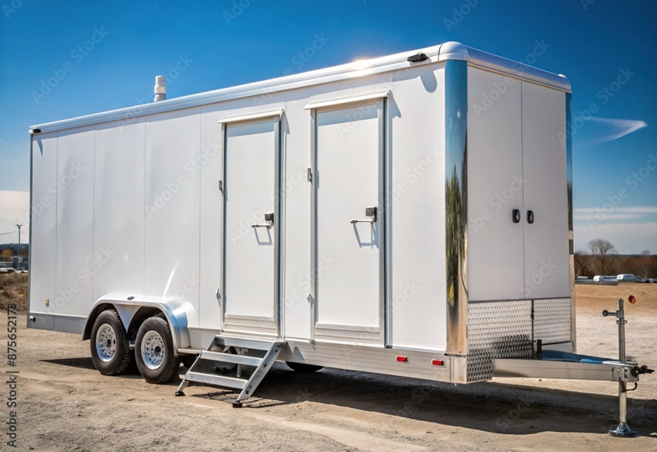 Luxury bathroom trailer featuring two toilets and a door for premium event experiences.