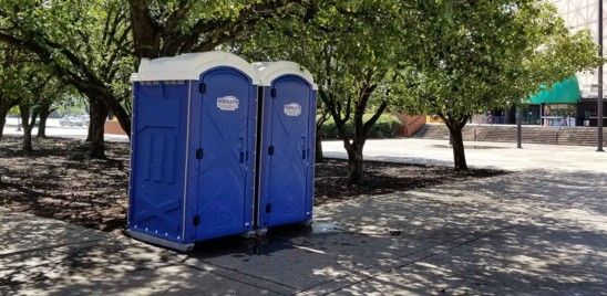 Two blue portable toilets in a sunny park under trees