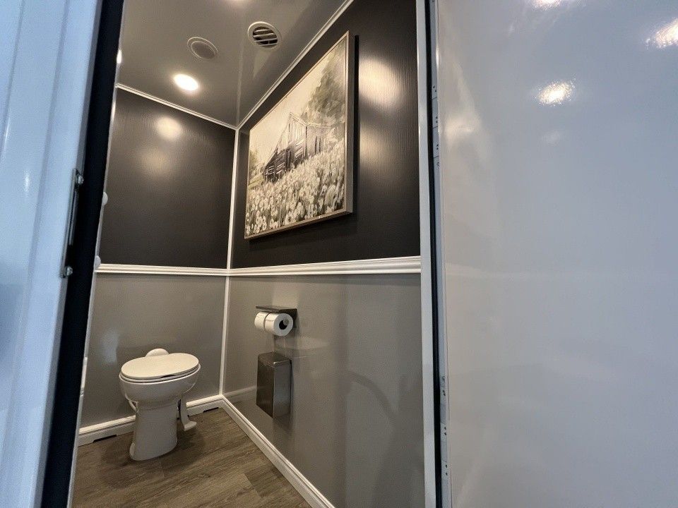 Small bathroom stall with a toilet, dark walls, framed art, and a wood-look floor.