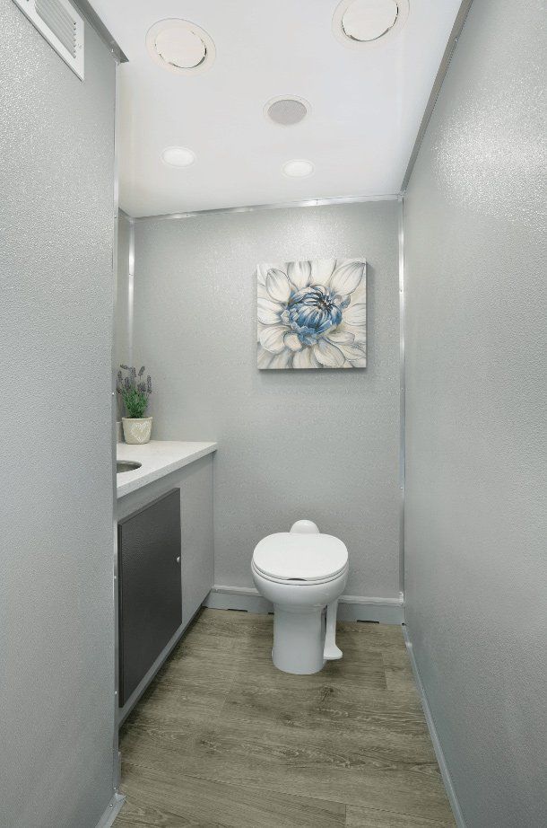 Narrow, modern restroom with gray walls, wood-look floor, toilet, sink, and floral artwork.